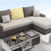 Sofa góc L vải nỉ màu xám hiện đại kèm gối trang trí màu vàng