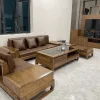 Bộ sofa gỗ sồi chữ U hiện đại màu óc chó nệm da