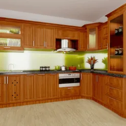 Tủ bếp gỗ Xoan Đào tự nhiên 100% kiểu chữ L màu cánh gián