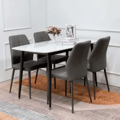 Bộ bàn ăn 4 ghế hiện đại mặt đá ceramic trắng và ghế da màu xám