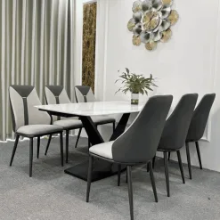 Bộ bàn ăn 6 ghế mặt đá Ceramic trắng, chân chữ X và ghế da 2 màu