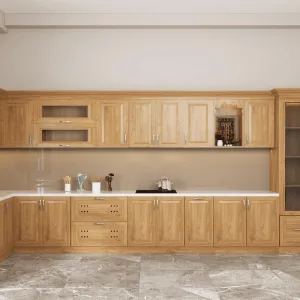Tủ bếp gỗ sồi Nga tự nhiên màu vàng sồi có bàn thờ ông Táo