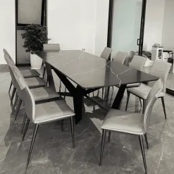 Bộ bàn ăn 8 ghế mặt đá Ceramic đen vân mây và chân sắt chữ X